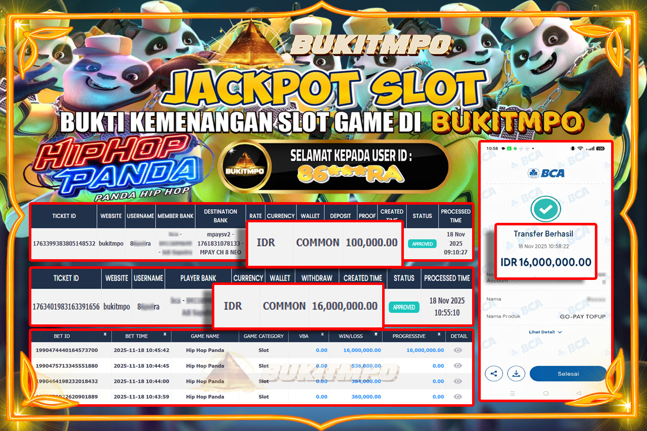 BUKITMPO JACKPOT HIP HOP PANDA - PG SOFT Rp.16.000.000,- LUNAS